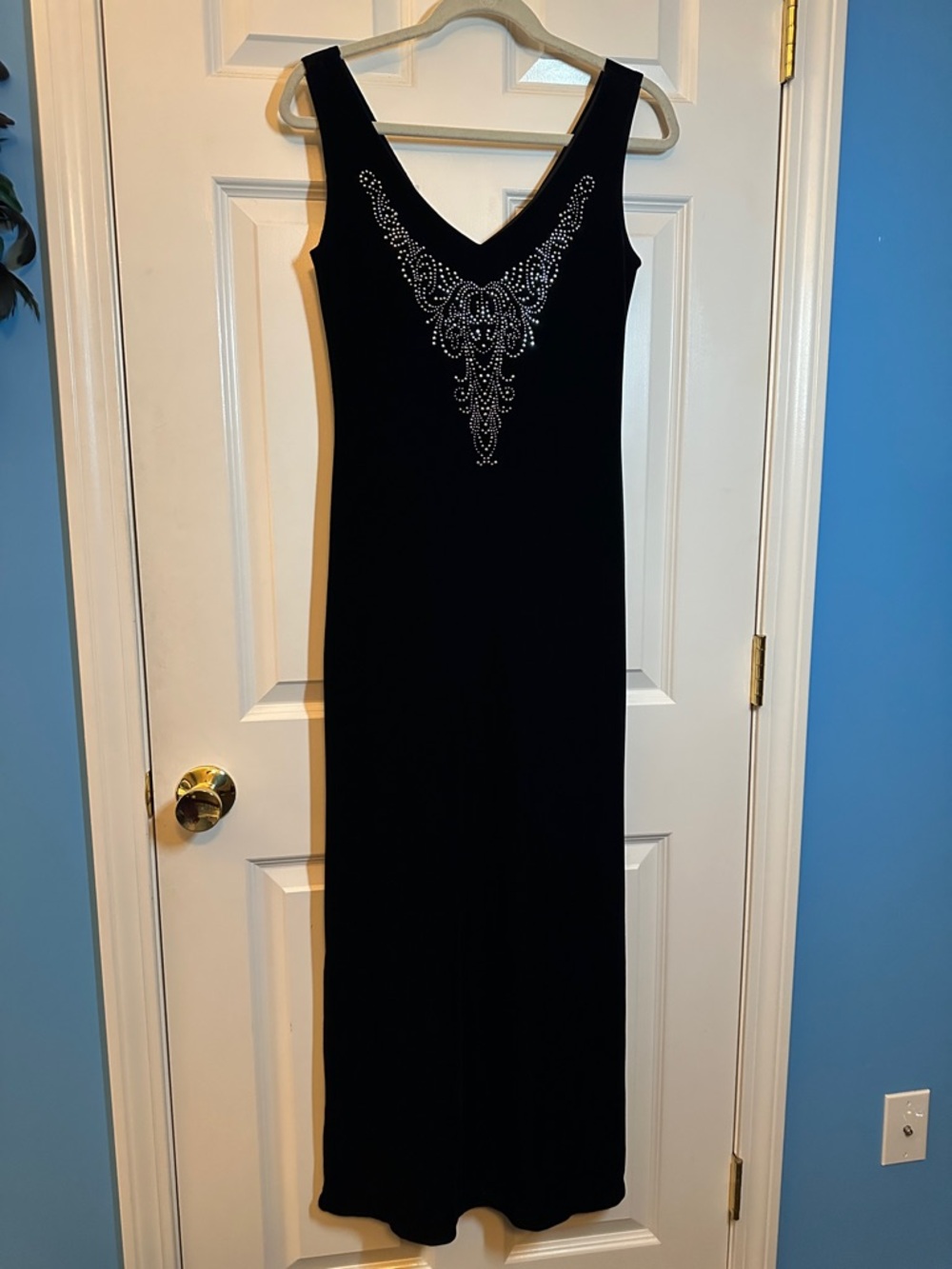 EUC PIA Black Velvet-Like Embellished V-Neck Maxi Dress SZ L Made in the USA